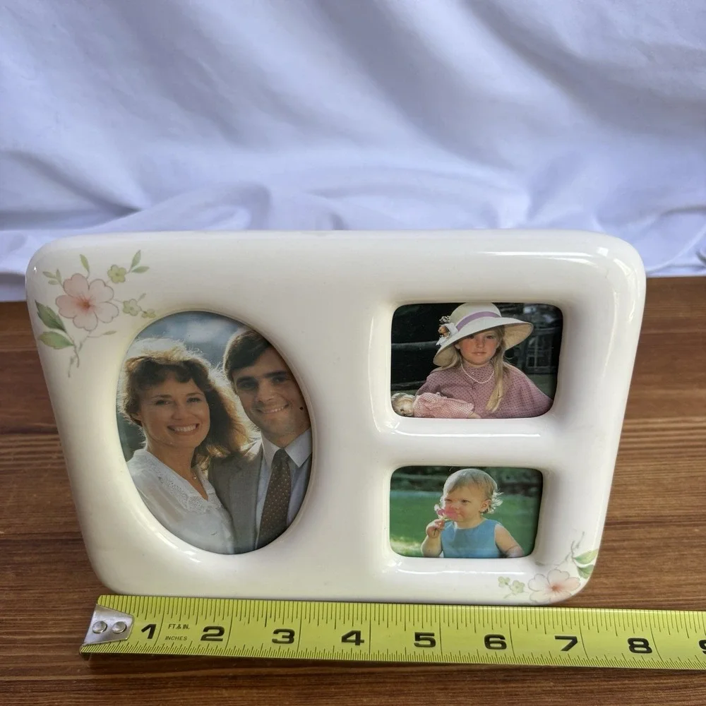 Vintage Fetco 1984 Ceramic 3 Opening Picture Frame White Floral 7.5 x 6